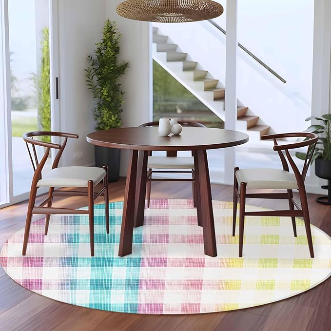 Washable Round Area Rug Easter Red Yellow Blue Stripes Circle Rugs Floor Carpet for Living Room Bedroom, Abstract Buffalo Plaid Soft Non Slip Round Rug 5ft