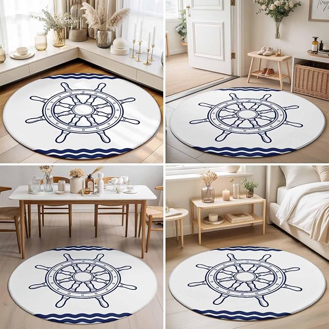 Washable Round Area Rug Summer Marine Nautical Ship Rudder Circle Rugs Floor Carpet for Living Room Bedroom, Ocean Theme Navy Blue White Soft Non Slip Round Rug 5ft