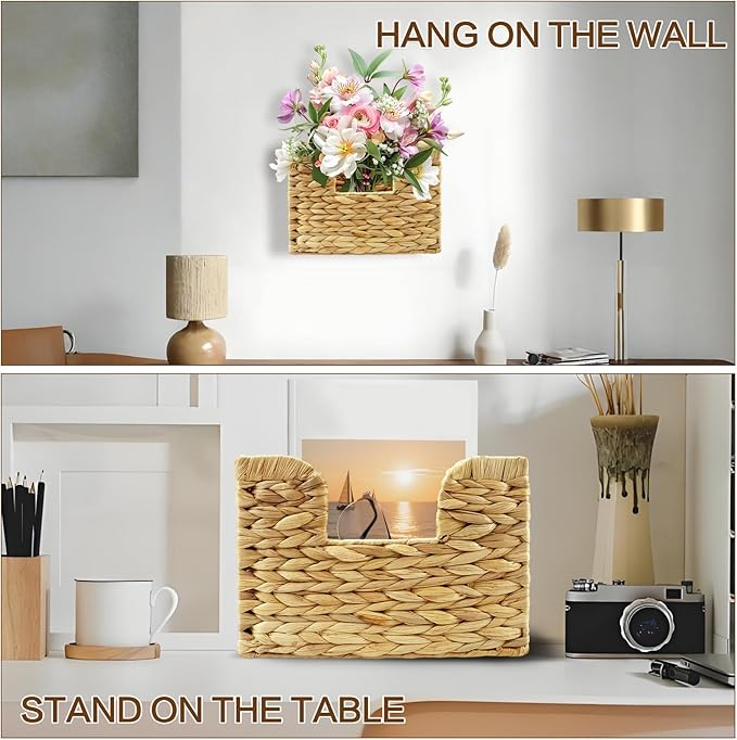 Woven Hanging Magazine Holder, Water Hyacinth Mail Basket Wall Mounted Magazine Basket Rack with Handle for Book, Files Bathroom, Home, Office - 11.75 X 4.2 X8 Inch