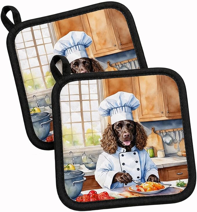 Caroline's Treasures American Water Spaniel The Chef Pair of Pot Holders Kitchen Heat Resistant Pot Holders Sets Oven Hot Pads for Cooking Baking BBQ, 7 1/2 x 7 1/2