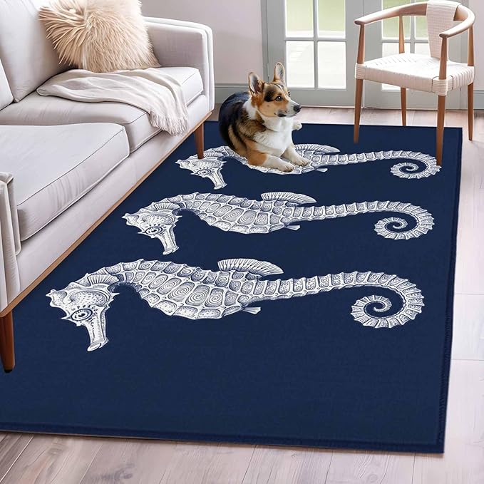 Area Rug 4x6ft, Ocean Life Seahorse Navy Blue Washable Rugs for Living Room Bedroom, Summer Nautical Theme Soft Non-Slip Area Rugs Rectangle Floor Carpet for Dining Room