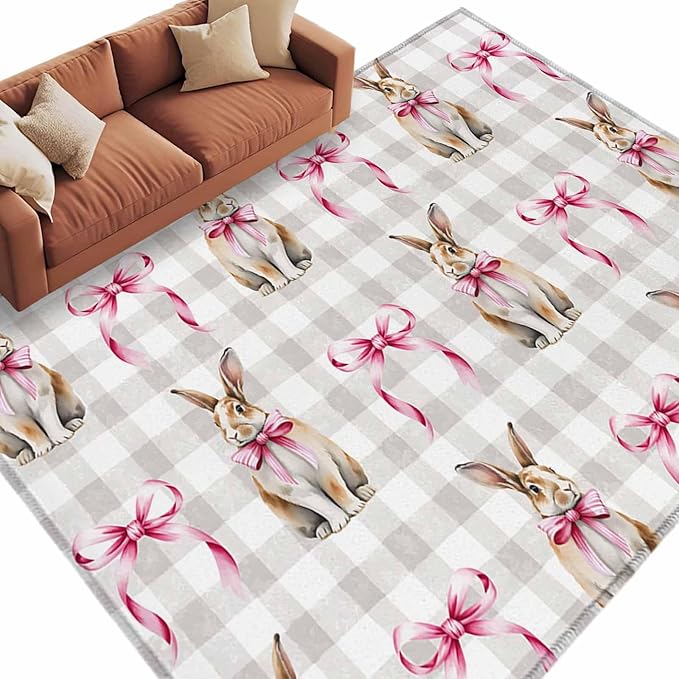 Area Rug 6x9ft, Easter Rabbit Pink Bow Washable Rugs for Living Room Bedroom, Seamless Bunny Gray Buffalo Plaid Soft Non-Slip Area Rugs Rectangle Floor Carpet for Dining Room