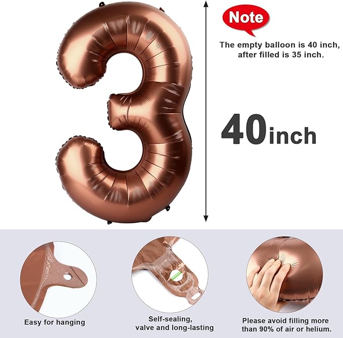 Numbers Balloon 3, 40 Inch Large Coffee Brown Balloon for Three Year Old Birthday Decor, 3 13 30 31 Birthday Party Decorations for Wedding Supplies