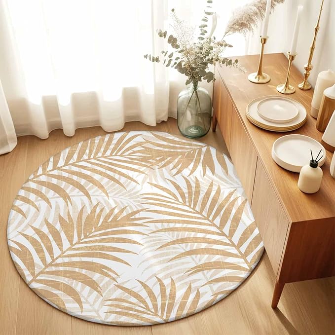 Washable Round Area Rug Summer Boho Palms Leaves Circle Rugs Floor Carpet for Living Room Bedroom, Vintage Tropical Plants Soft Non Slip Round Rug 5ft
