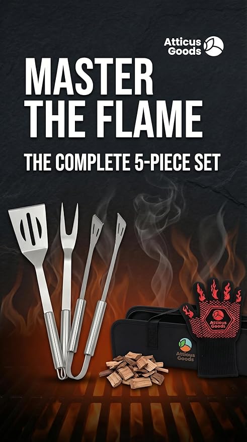 Stainless Steel Grill Set, 5 Piece Heavy Duty Barbecue Tools, BBQ Grilling Accessories Grill Kit with Tongs, Spatula, Fork, Gloves and Zippered Carry Bag