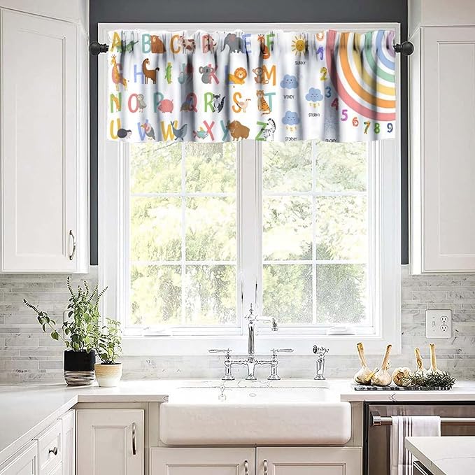 ABC Alphabet Valance Curtain, Cartoon Animals Learning Education Letters Weather Rainbow Short Window Treatment for Kitchen Dining Kids Bedroom Nursery Classroom School Decor, 54x18Inch