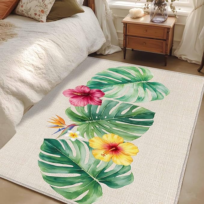 Area Rug 4x6ft, Country Monstera Hibiscus Foliage Washable Rugs for Living Room Bedroom, Tropical Plant Vintage Linen Soft Non-Slip Area Rugs Rectangle Floor Carpet for Dining Room