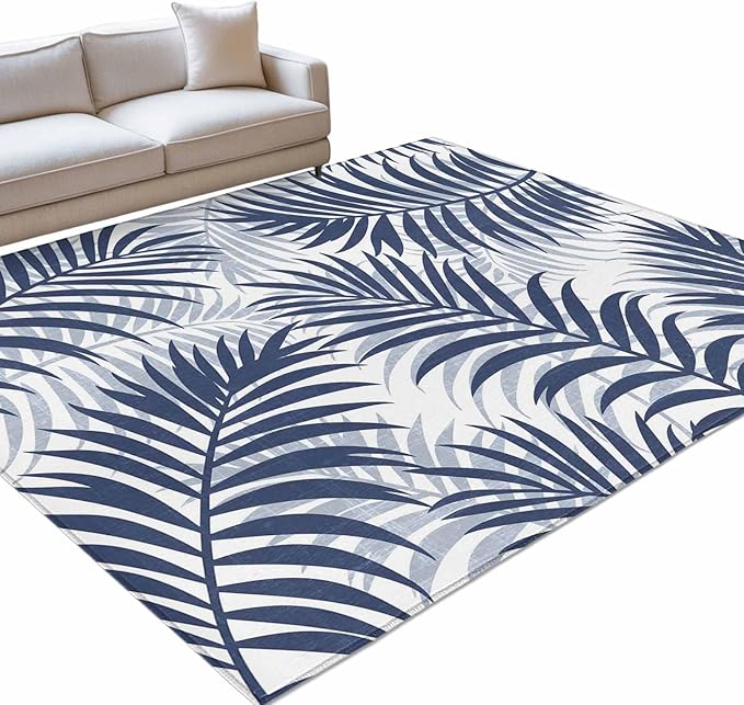 Area Rug 8x10ft, Abstract Navy Blue Palms Leaves Washable Rugs for Living Room Bedroom, Summer Botantical Soft Non-Slip Area Rugs Rectangle Floor Carpet for Dining Room
