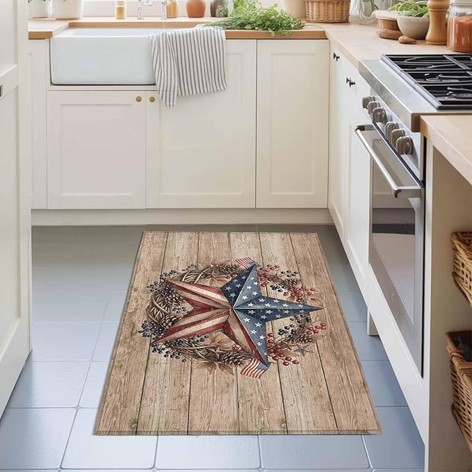 Area Rug 2x3ft, Independence Day USA Flag Star Washable Rugs for Living Room Bedroom, Farm Wood Background Soft Non-Slip Area Rugs Rectangle Floor Carpet for Dining Room