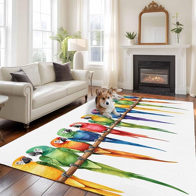 Area Rug 6x9ft, Funny Watercolor Parrot Washable Rugs for Living Room Bedroom, Red Green Blue Gradient Bird Soft Non-Slip Area Rugs Rectangle Floor Carpet for Dining Room