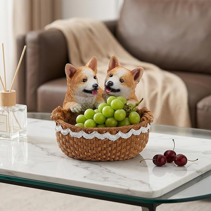 Resin Double Corgi Storage Basket, Decorative Catchall Tray for Keys & Candy, Desk Organizer Bowl for Home Office, Room Decor Accessories