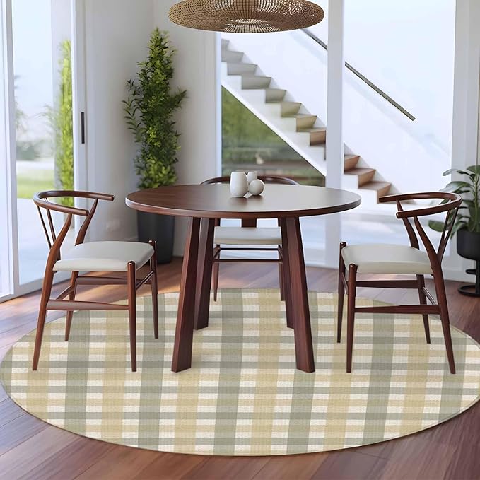 Washable Round Area Rug Farmhouse Vintage Beige Tan Buffalo Plaid Circle Rugs Floor Carpet for Living Room Bedroom, Rustic Linen Soft Non Slip Round Rug 5ft