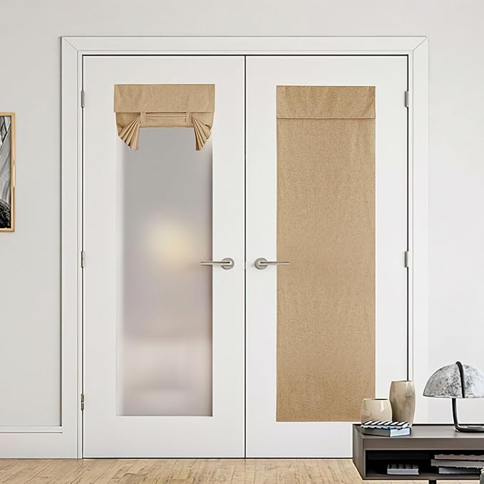 NICETOWN Privacy French Door Curtains, Country Linen Sheer 100% Blackout Door Window Covering and Drapes Thermal Insulated Blinds for Sliding Kitchen, W30 x L72 inch, 1 Panel, Camel