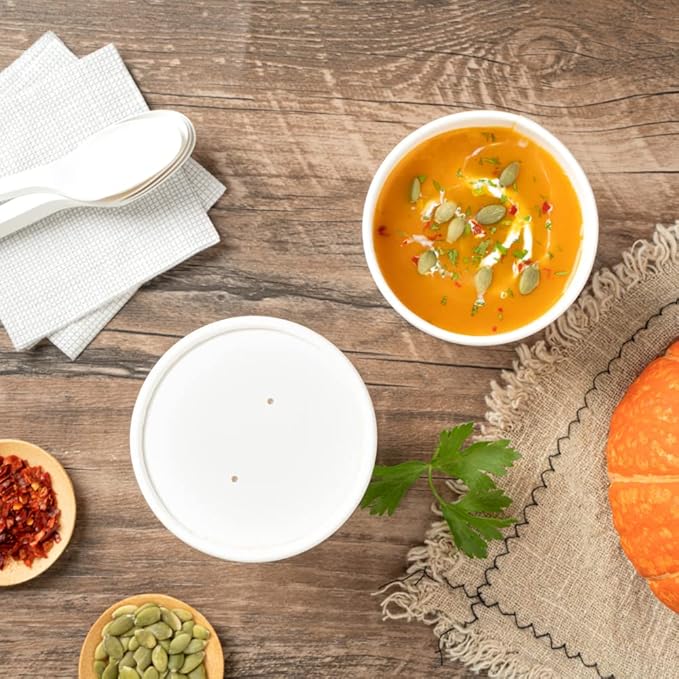 Restaurantware-LIDS ONLY: Bio Tek Lids For 8/12 Ounce Soup Containers, 200 Vented Covers For Paper Soup Containers - Cups Sold Separately, Microwavable, White Paper Lid, Hot And Cold Foods