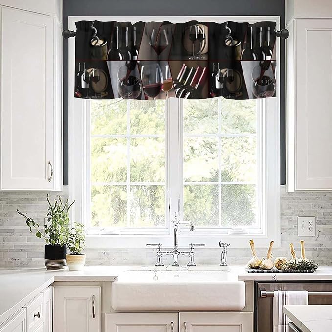Red Wine Curtain Valance, Modern Black Wine Bottles Glasses Drinking Short Rod Pocket Window Valance for Kitchen Dining Resturant Party, 54x18Inch