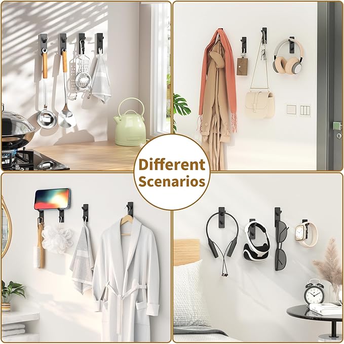 susswiff Self Adhesive Coat Hooks for Hanging: Heavy Duty Stainless Wall Hook for Towel, Backpack, Hat, Sturdy Metal Hanger for Bathroom, Bedroom, Door, Dorm, 4-Pack, Matt Black