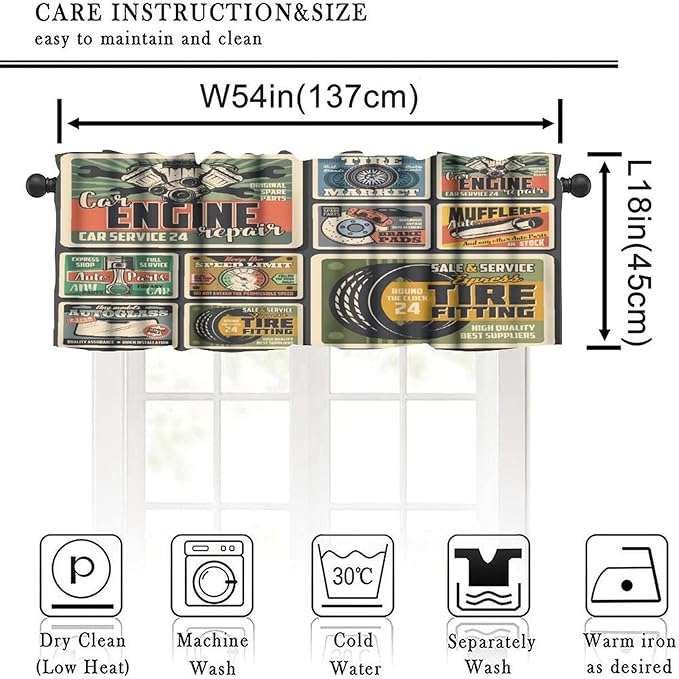 Cars Repair Service Valance Curtain Vintage Car Spare Parts, Auto Repair Service and Mechanic Garage Curtains Valances for Kitchen Living Room Bathroom Decor with Rod Pocket, One Panel 54X18 Inches