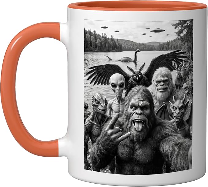 Bigfoot Alien Loch Ness Monster UFO Cryptids Selfie Ceramic Mug, Orange/White