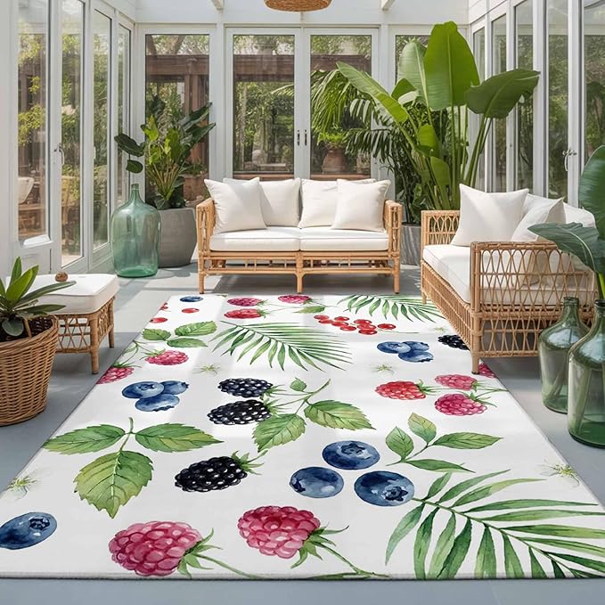 Area Rug 3x5ft, Farm Fruit Berry Cherry Blueberry Washable Rugs for Living Room Bedroom, Watercolor Mulberry Leaves Soft Non-Slip Area Rugs Rectangle Floor Carpet for Dining Room