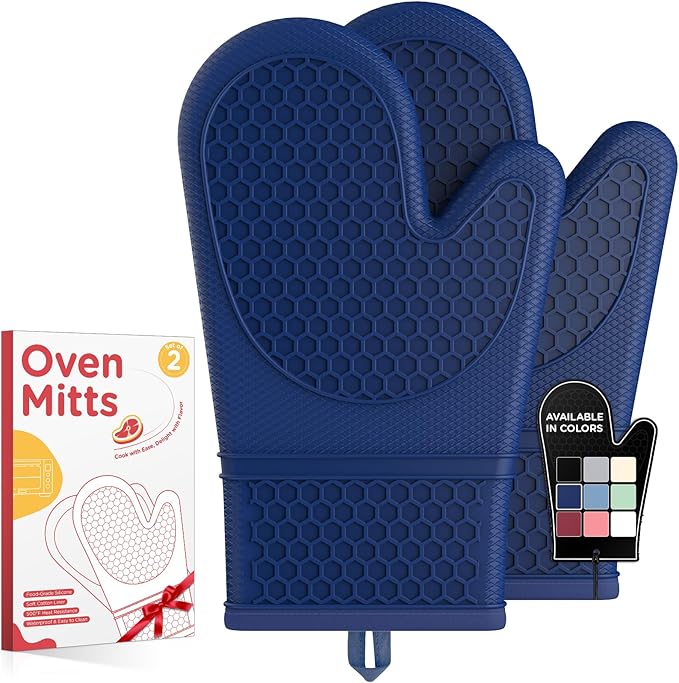 Kitsure Silicone Oven Mitts, Set of 2, Heat Resistant, Oven Gloves with Soft Lining, Non-Slip Kitchen Essentials, Kitchen Gadgets, Apartment Essentials, Great Gift for Cooking, Baking, Blue