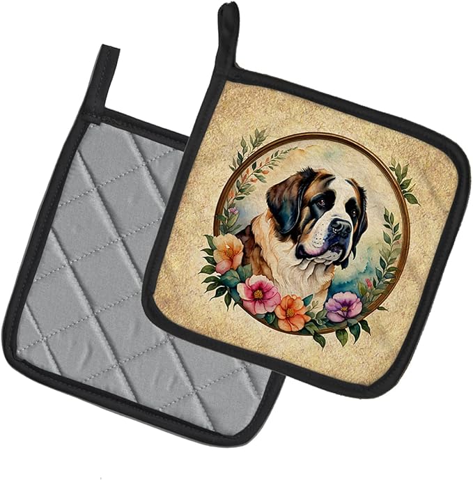 Caroline's Treasures Saint Bernard and Flowers Pair of Pot Holders Kitchen Heat Resistant Pot Holders Sets Oven Hot Pads for Cooking Baking BBQ, 7 1/2 x 7 1/2