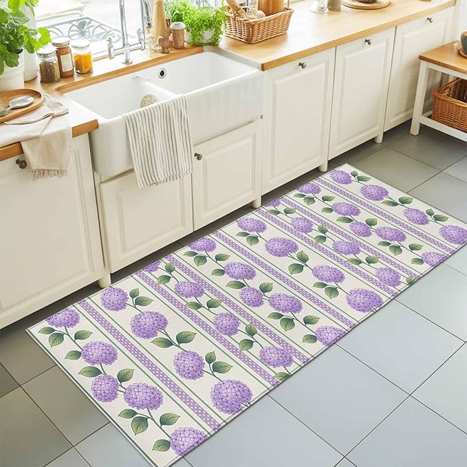 Runner Rug for Bedroom Hallway, Watercolor Hydrangea Flower Kitchen Runner Rugs Area Rug 2x6ft, Spring Floral Leaves on Linen Washable Soft Floor Carpet for Entryway Stair
