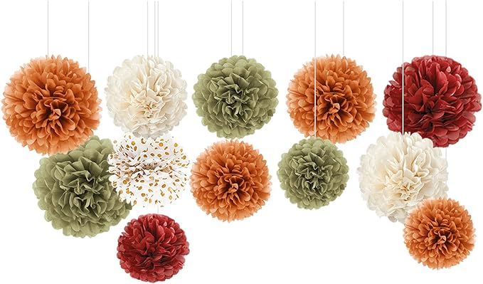 NICROLANDEE Fall Party Decorations, 12 PCS Pumpkin Orange Burgundy Sage Green Ivory Tissue Pom Poms Thanksgiving Decor for Home, Wedding, Birthday, Autumn Harvest Party Supplies