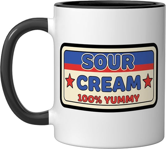 Sour Cream 100% Yummy Retro Food Label Vintage Snack Ceramic Mug, Black/White