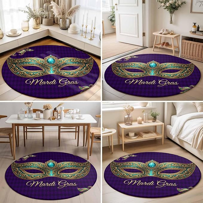 Washable Round Area Rug Mardi Gras Mask Purple Plaid Circle Rugs Floor Carpet for Living Room Bedroom, Abstract Blossom Floral Soft Non Slip Round Rug 3ft