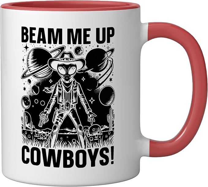 Alien Lover Flying Saucer UFO Extraterrestrial Cowboy Ceramic Mug, Red/White