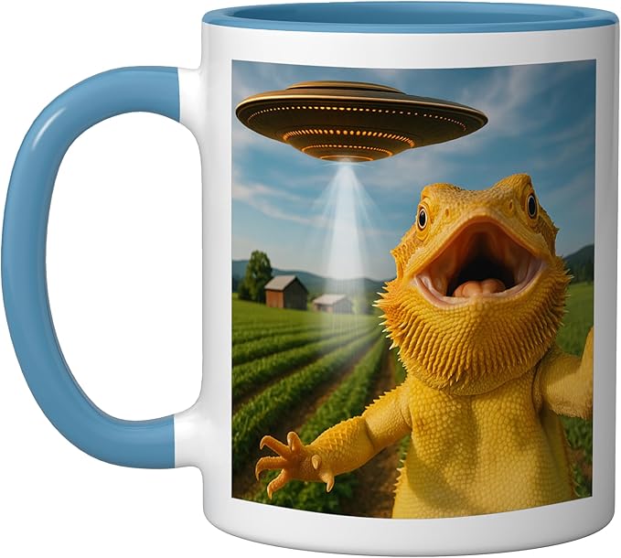 Funny Bearded Dragon Selfie with Alien UFO Ceramic Mug, Blue/White