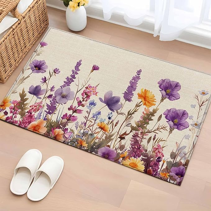 Area Rug 2x3ft, Country Flower Purple Lavender Plant Washable Rugs for Living Room Bedroom, Retro Linen Soft Non-Slip Area Rugs Rectangle Floor Carpet for Dining Room