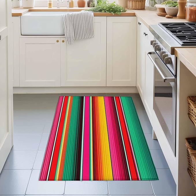 Area Rug 2x3ft, Vintage Mexican Stripes Abstract Washable Rugs for Living Room Bedroom, Native American Stripe Soft Non-Slip Area Rugs Rectangle Floor Carpet for Dining Room