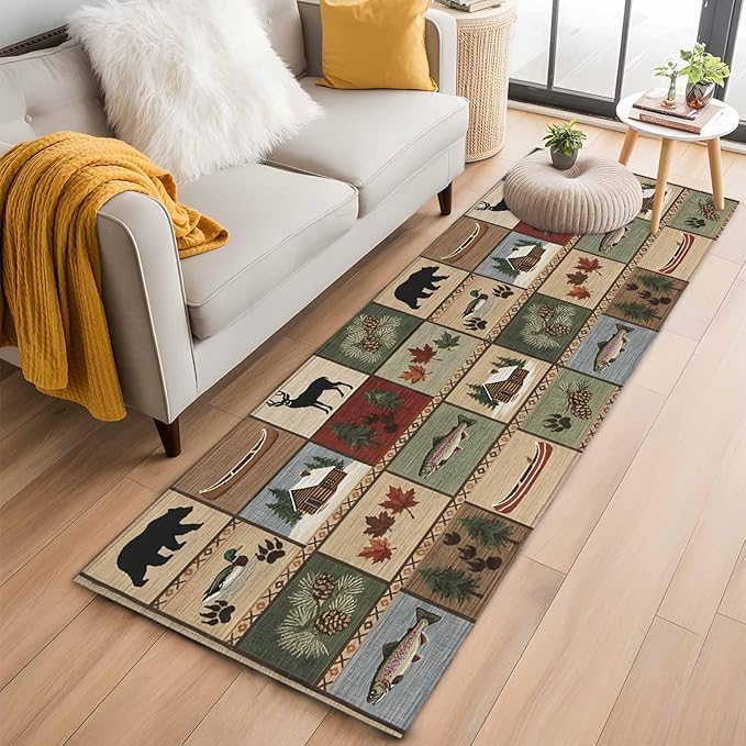 Runner Rug for Bedroom Hallway, Vintage Bear Forest Deer Fish Village Kitchen Runner Rugs Area Rug 2x6ft, Retro Wildlife Themes Washable Soft Floor Carpet for Entryway Stair