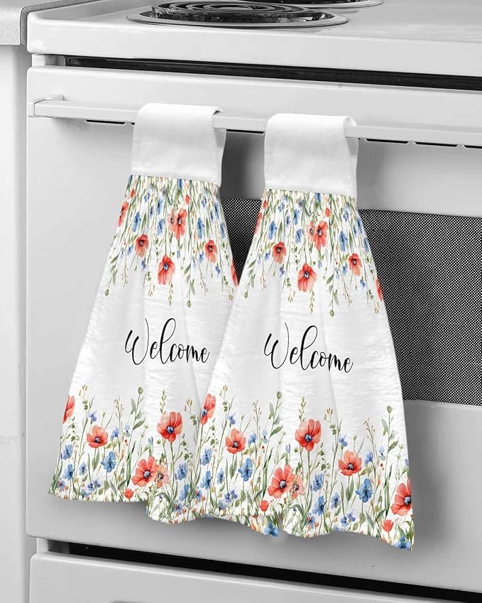 Alandar Home Kitchen Tie Towel Set of 1, Pastoral Orange Blue Flower Leaves Absorbent Soft Hand Towels for Bathroom Hanging Towels, Spring Floral Plant Fast Drying Cleaning Cloth with Loop