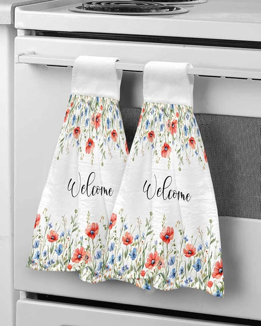 Alandar Home Kitchen Tie Towel Set of 2, Pastoral Orange Blue Flower Leaves Absorbent Soft Hand Towels for Bathroom Hanging Towels, Spring Floral Plant Fast Drying Cleaning Cloth with Loop