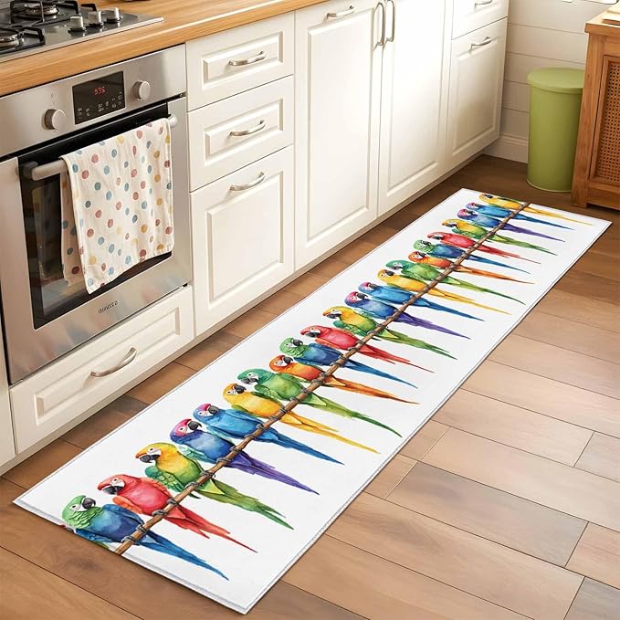 Runner Rug for Bedroom Hallway, Funny Watercolor Parrot Kitchen Runner Rugs Area Rug 2x6ft, Red Green Blue Gradient Bird Washable Soft Floor Carpet for Entryway Stair