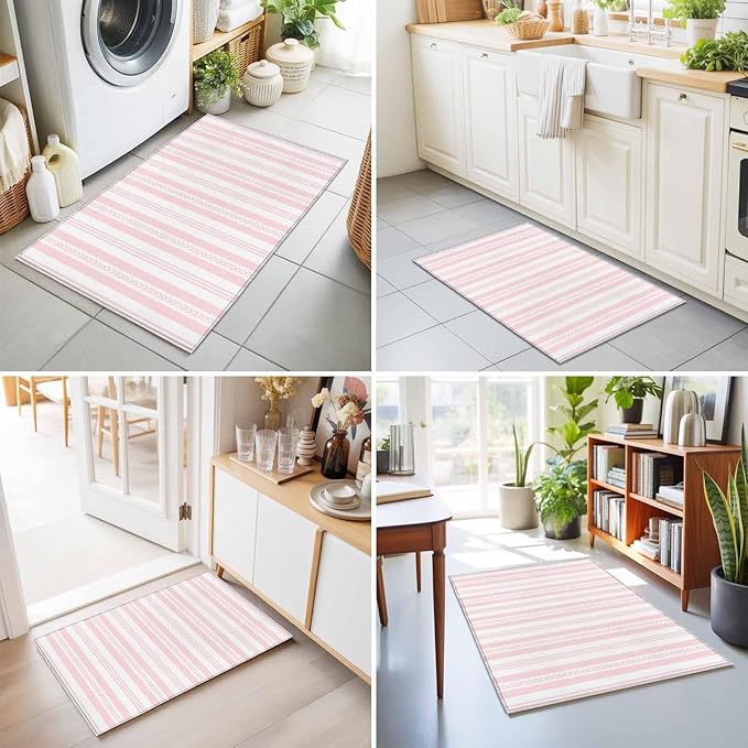 Area Rug 2x3ft, Abstract Leaf Geometric Line Washable Rugs for Living Room Bedroom, Modern Pink Stripe Theme Soft Non-Slip Area Rugs Rectangle Floor Carpet for Dining Room