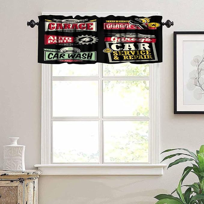 Car Repair Shop Logos Valance Curtain - Labels, Signs, Emblems, Stickers Collection for Garage, Service, Auto Parts, Wash - Short Curtains Valances for Home Decor With Rod Pocket