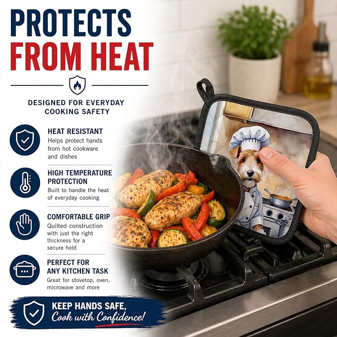Caroline's Treasures Fox Terrier The Chef Pair of Pot Holders Kitchen Heat Resistant Pot Holders Sets Oven Hot Pads for Cooking Baking BBQ, 7 1/2 x 7 1/2