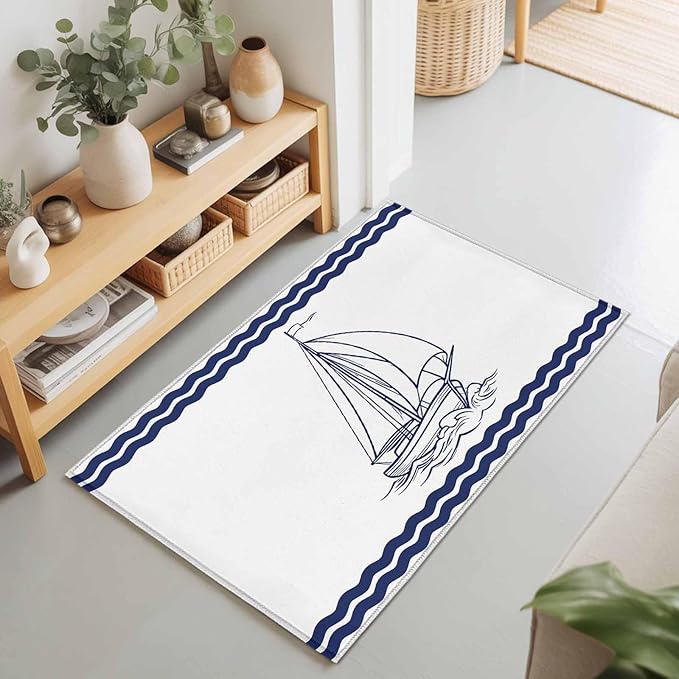 Area Rug 2x3ft, Summer Ocean Nautical Sailboat Washable Rugs for Living Room Bedroom, Marine Theme Navy Blue Stripe Soft Non-Slip Area Rugs Rectangle Floor Carpet for Dining Room
