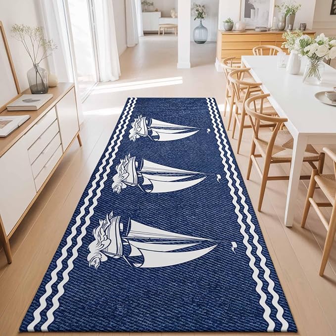 Runner Rug for Bedroom Hallway, Nautical Sailing Boat on Steel Blue Kitchen Runner Rugs Area Rug 2x6ft, Vintage Water Waves Washable Soft Floor Carpet for Entryway Stair
