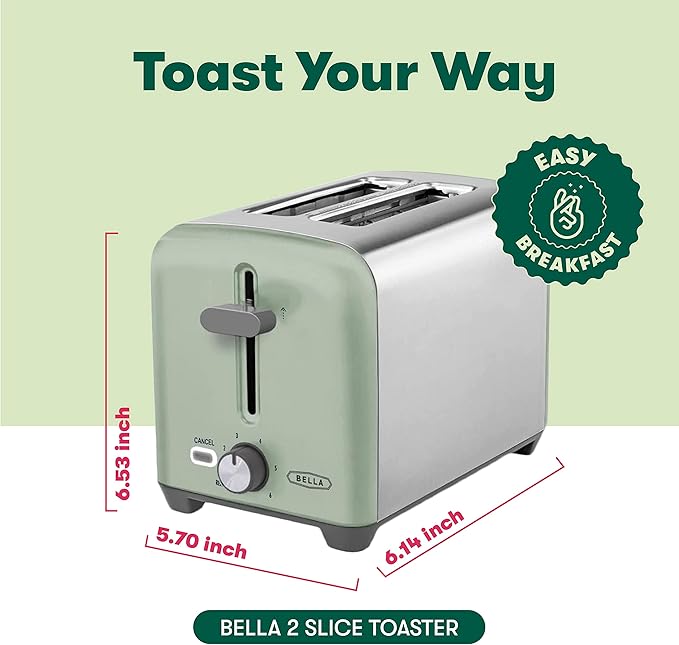 BELLA 2 Slice Toaster, Quick & Even Results Every Time, Wide Slots Fit Any Size Bread Like Bagels or Texas Toast, Drop-Down Crumb Tray for Easy Clean Up, Stainless Steel and Sage