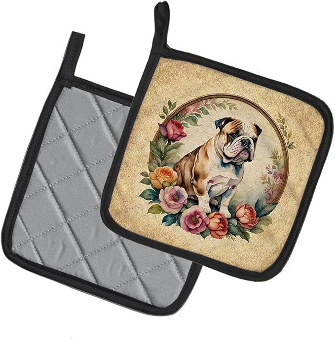 Caroline's Treasures English Bulldog and Flowers Pair of Pot Holders Kitchen Heat Resistant Pot Holders Sets Oven Hot Pads for Cooking Baking BBQ, 7 1/2 x 7 1/2