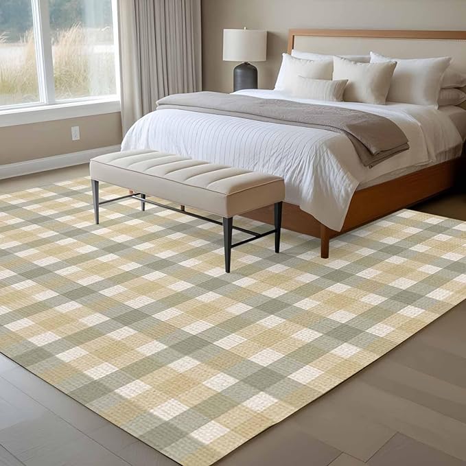Area Rug 9x12ft, Farmhouse Vintage Beige Tan Buffalo Plaid Washable Rugs for Living Room Bedroom Rectangle Floor Carpet, Rustic Linen Soft Non-Slip Area Rugs for Dining Room