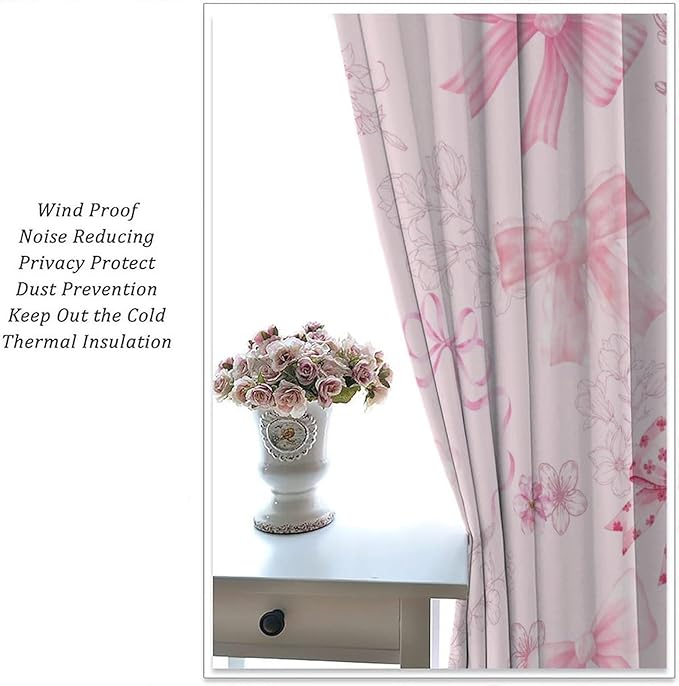Pink Bow Blackout Curtain,Girly Kids Flower Fashion Floral Cute Bownot Modern Window Curtains for Dining Room Living Room Kitchen Cafe Bedroom Office Drapes,63x72 in