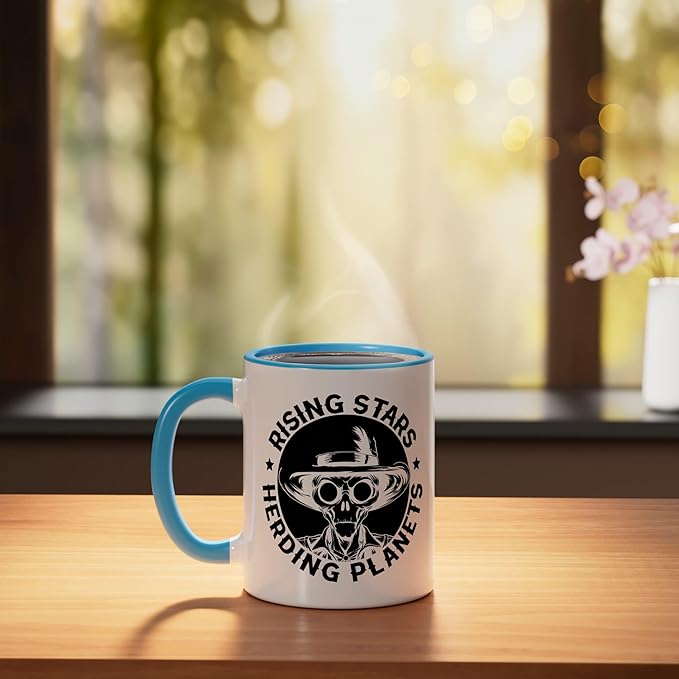 Alien Lover Flying Saucer UFO Extraterrestrial Cowboy Ceramic Mug, Blue/White