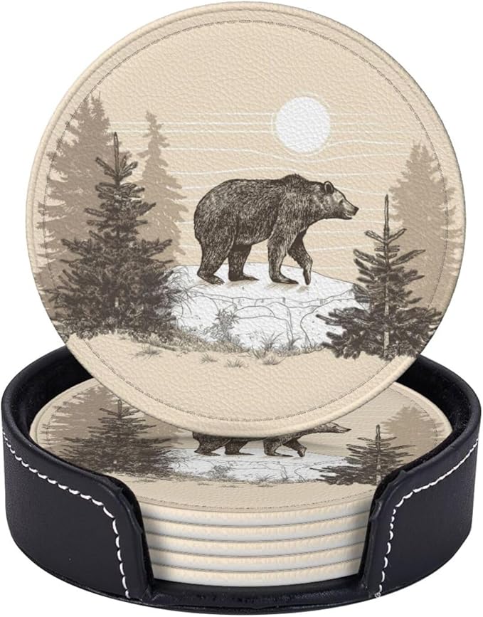 Famame 6 Pcs Vintage Bear in Stone Leather Coasters for Drinks with Holder Coaster Sets Drink Table Cup Coasters for Living Room Kitchen Coffee Decor