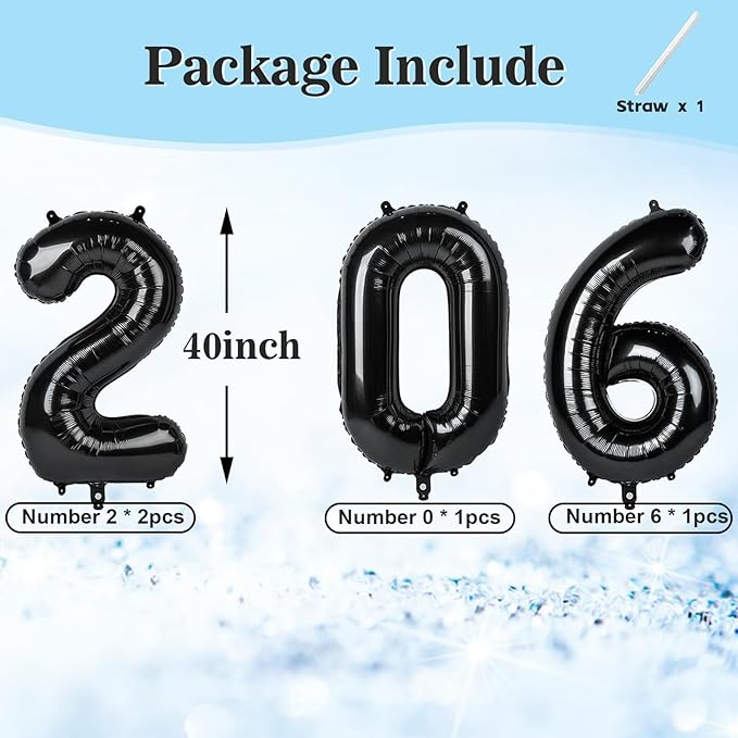 2026 Number Black Balloons, Happy New Year 2026, 40 Inch Balloon for New Years Eve Decorations & Graduation Decoration Party Supplies, 2 6 20 26 Birthday Parties