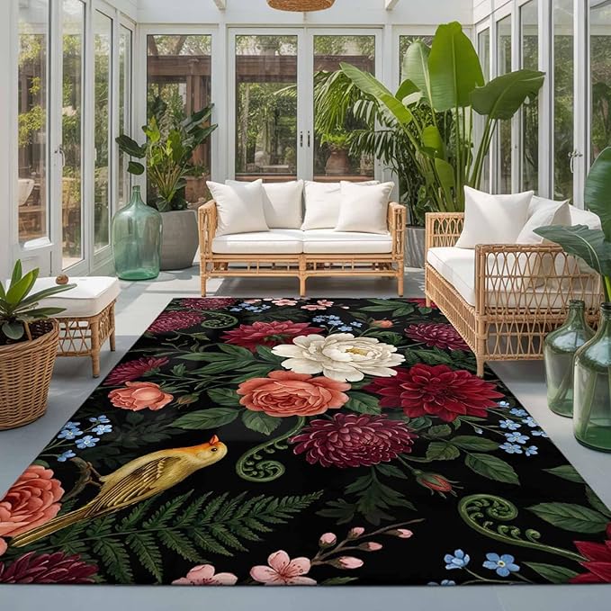 Area Rug 3x5ft, Pastoral Colorful Flower Leaf Washable Rugs for Living Room Bedroom, Country Blossom Floral Bird Soft Non-Slip Area Rugs Rectangle Floor Carpet for Dining Room